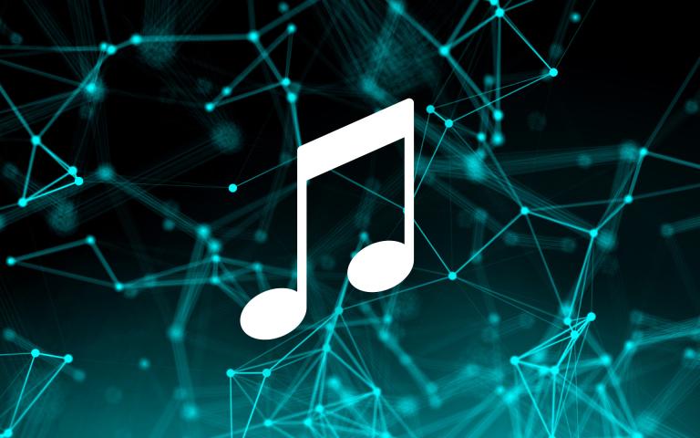 A graphic with a white music note on a turquoise and black background.
