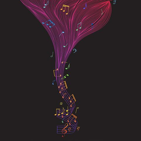 Artistry in Action, music notes on purple swirls 