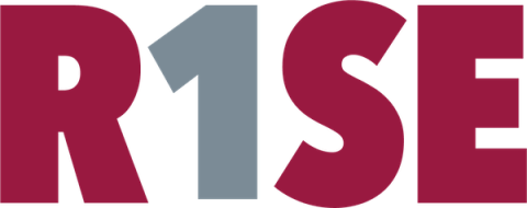 A text logo for the RISE program, with a number 1 used in place of the letter i in the word "rise" to represent first generation students.